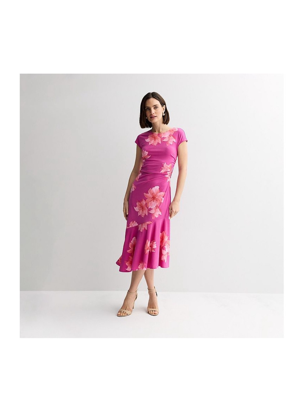 Nine West Hot Pink Floral Midi Dress with Coral Blooms